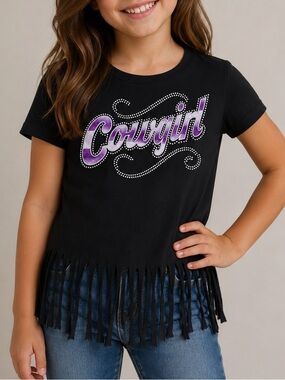 Cowgirl Hardware Gemstone Fringe Western Tee Shirt Black Purple Girls Size 6
